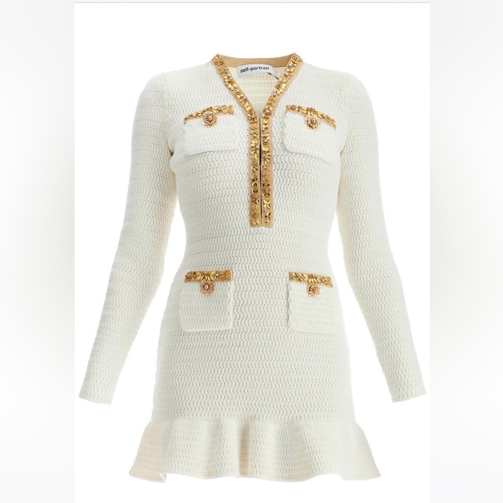 Self-Portrait Cream and Gold Long Sleeve Dress